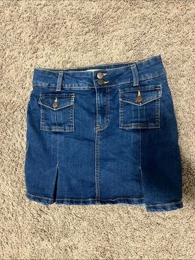 Dark Blue Denim Mini Skirt with Front Pockets